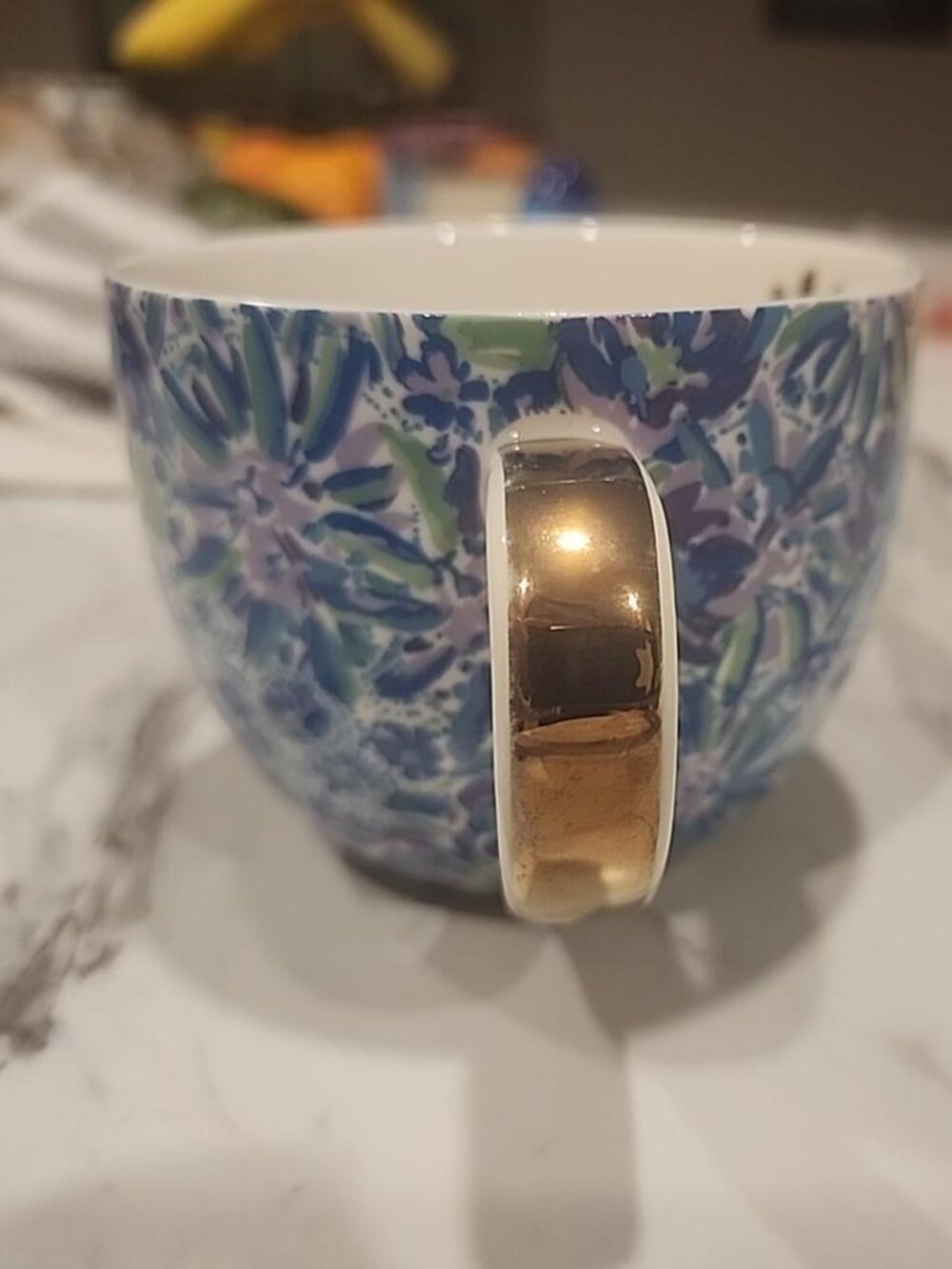Lilly Pulitzer High Maintenance Blue Floral Ceramic Mug Gold Handle 12Oz